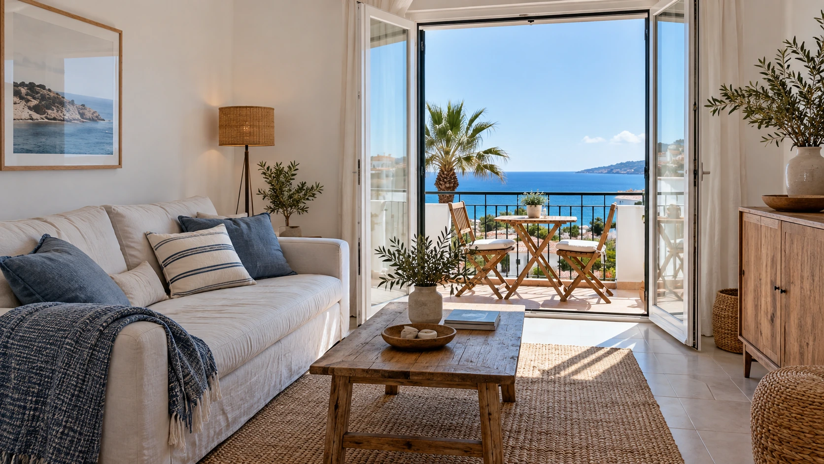 Comfortable coastal apartment with a balcony and distant sea view