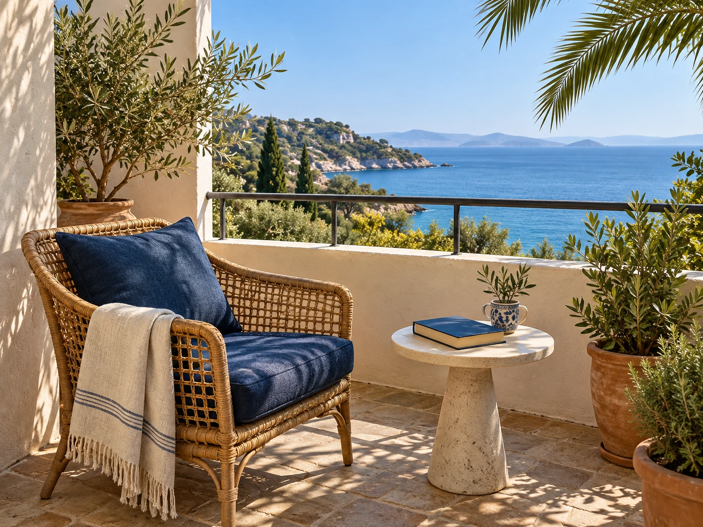 A compact balcony reading corner with a blue chair and distant sea view
