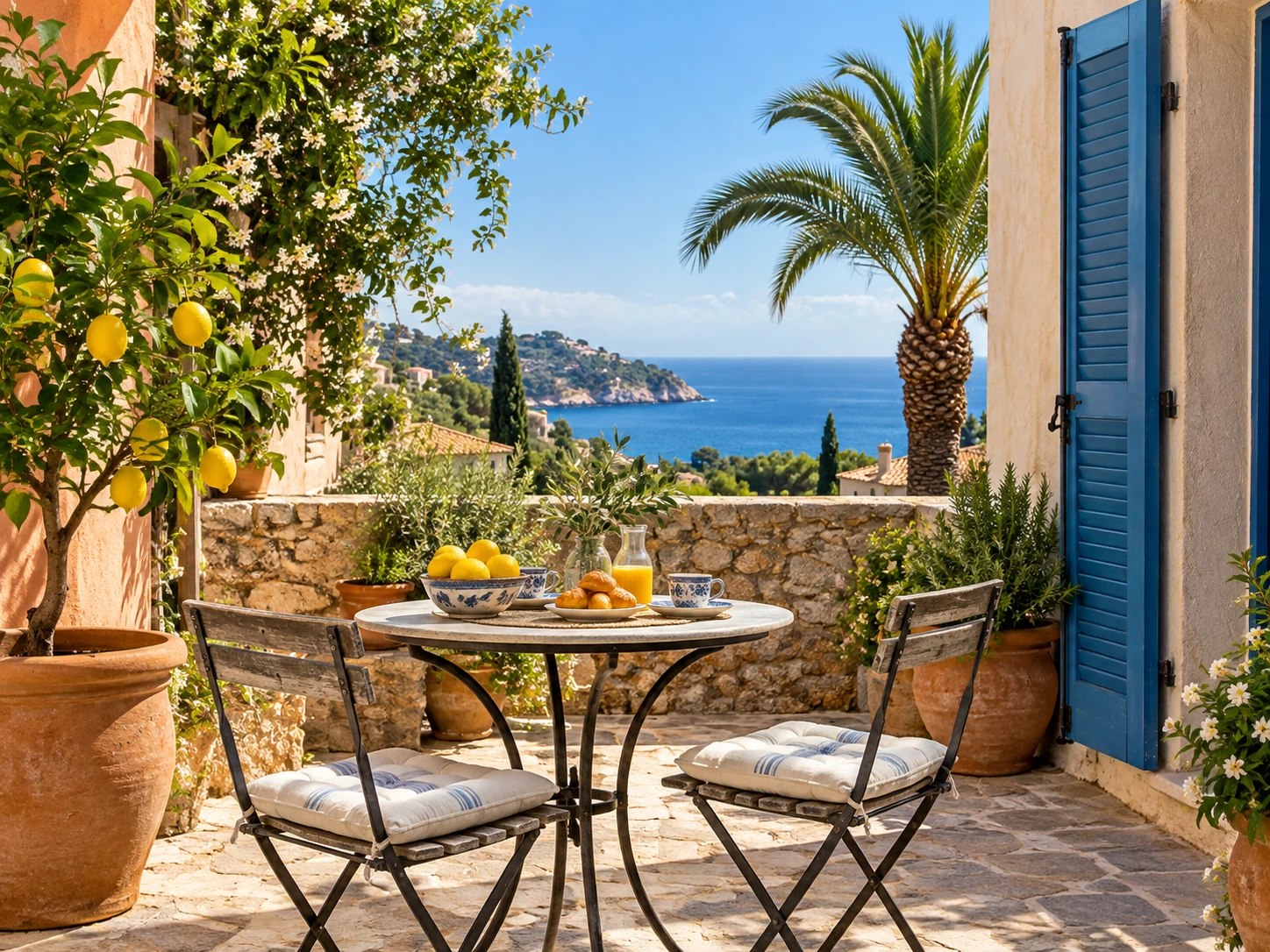 A modest coastal holiday home courtyard with two chairs and a lemon tree