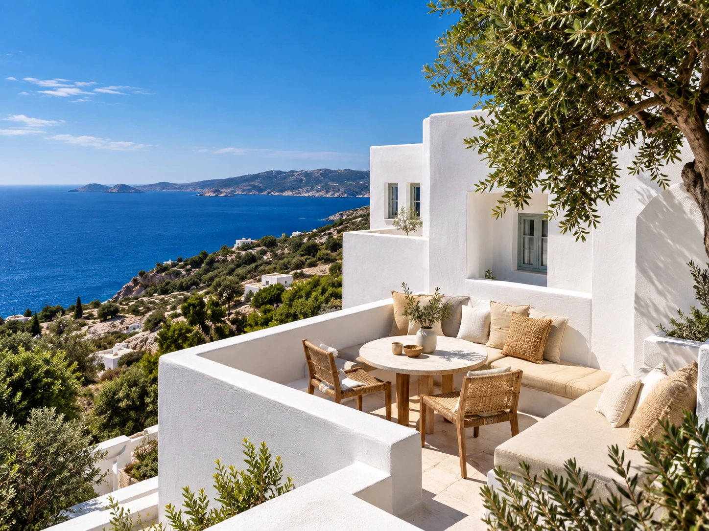 White coastal terrace with cushioned seating, an olive tree and the sea beyond