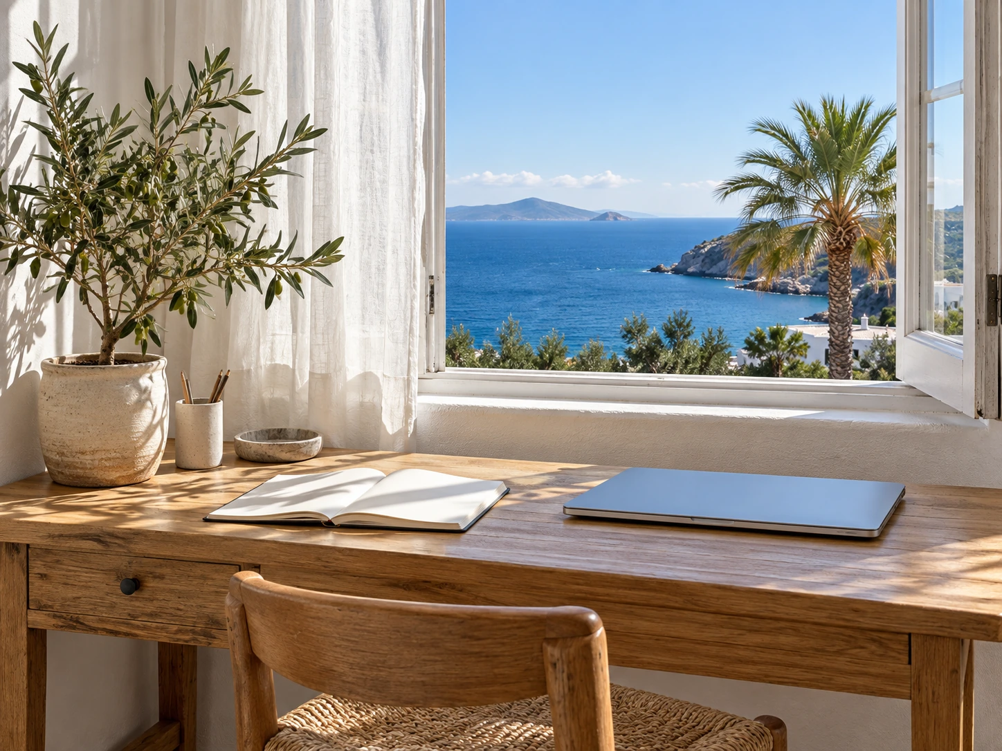 A sunny writing desk beside a window overlooking the coast